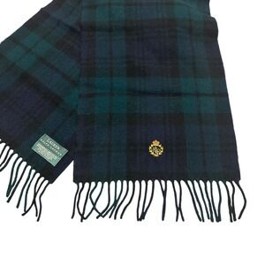 VTG Lauren Ralph Lauren Blue Green Plaid Crest Lambswool Scarf Scotland